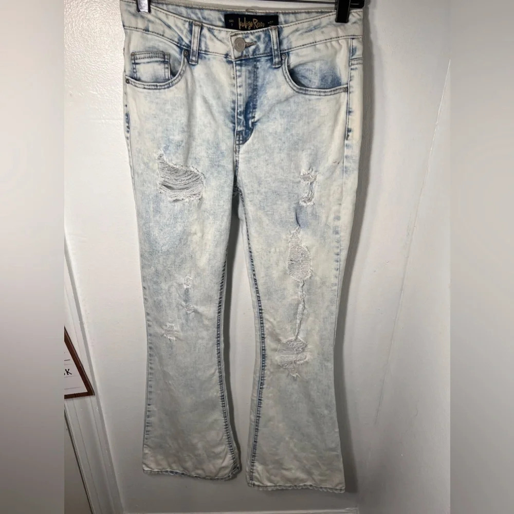 Indigo Rein, 7, distressed light wash, bootcut ,high-rise button zip denim jean